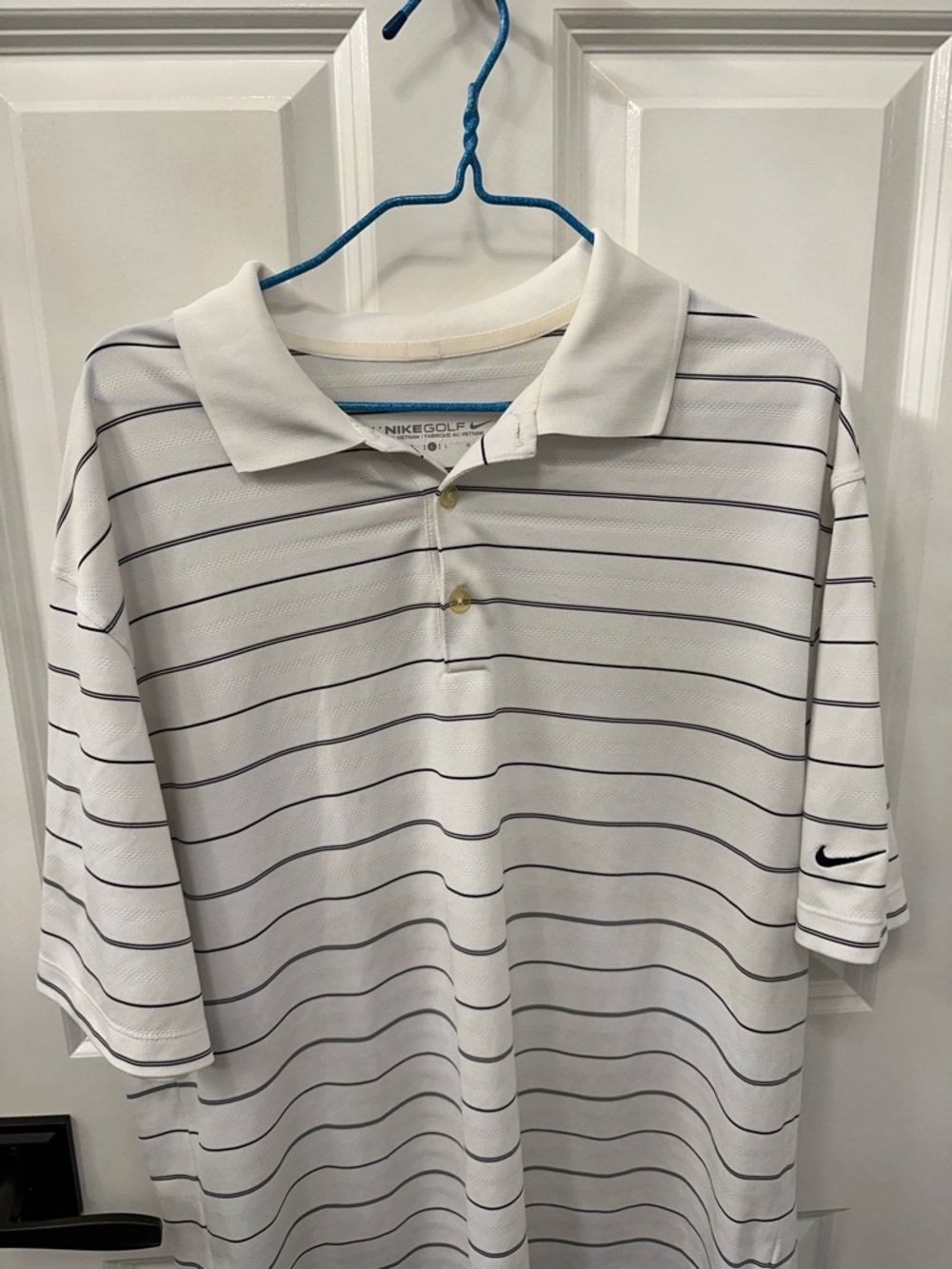Nike Men’s Golf White Polo with Navy Thin Stripes - Picture 5 of 5